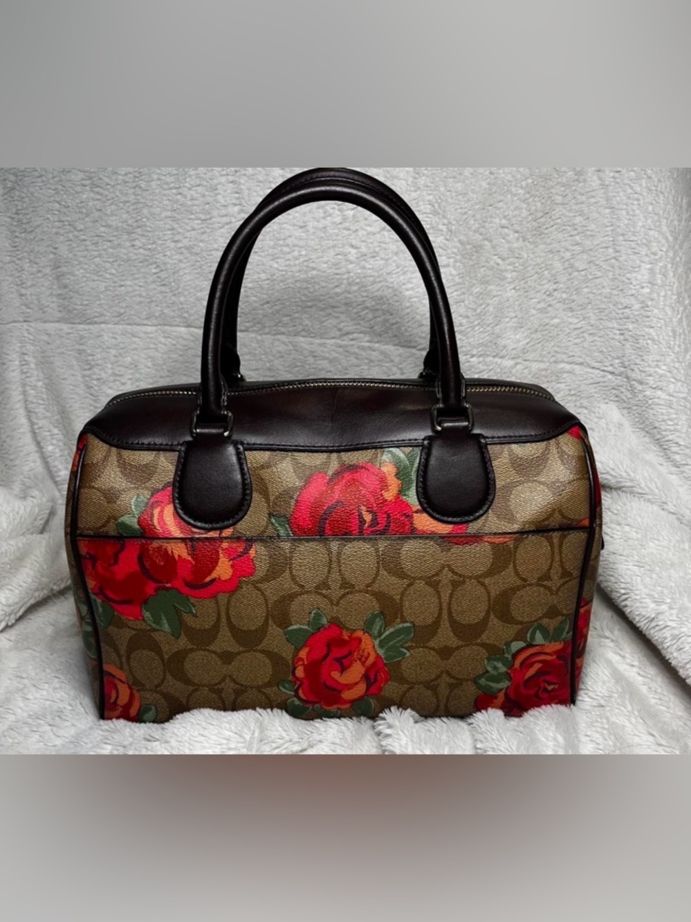 Coach Brown Signature Satchel with Red Floral Print - Picture 3 of 11